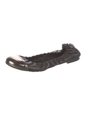 Tory Burch Abbey Black Leather Metallic Cap Toe ballet flats Size 7.5 MSRP $225